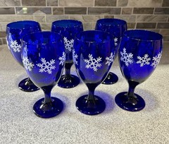Libbey Cobalt Snowflake Glasses Wine Iced Tea Vintage Blue Cobalt 6 Set