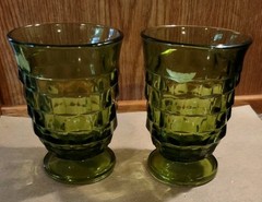 Set Of 2 Fostoria Whitehall Avocado Green Cubist Footed 3″ Juice Glasses