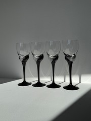 Vintage Modernist Set of 4 Black and Clear Small Wine Glasses