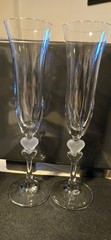 Set Of 2 Gorham Amore Frosted Double Heart Lead Crystal Champagne Flutes