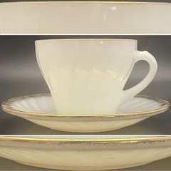 Fire King Milk Glass 22Kt Gold Trimmed Swirl Cup and Saucer 1949-62 Made in USA