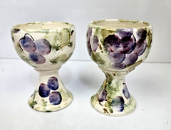Studio Art Pottery Wine Goblet Chalice Cup Grape & Leaf Hand Painted Set of 2