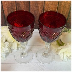 Cristal D’Arques Durand Antique Ruby Red Clear Pair of Goblets Glasses France