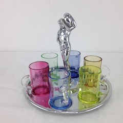 Art Deco 1920’s Farberware Semi Nude Egyptian Lady on Chrome Caddy w 6 Glasses