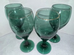 4 Set Libby Juniper Green Glasses Water/Wine Teardrop Gold Rim