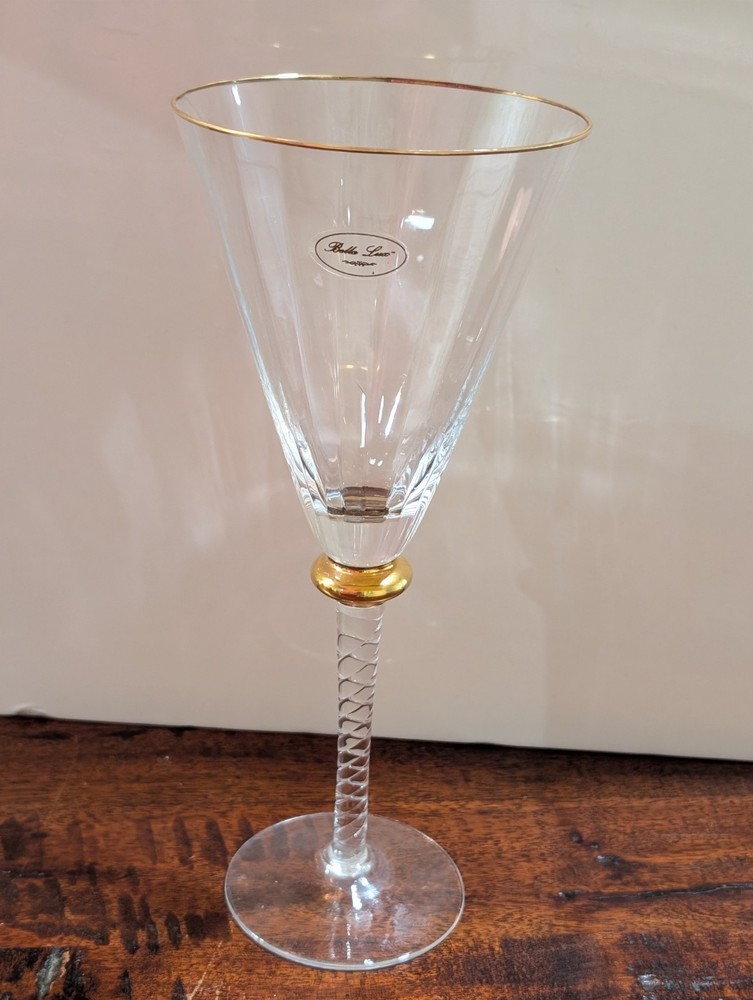 Bella Lux Wine Glass Champagne Flute Optic Paneled Air Twist Stem Gold Rim