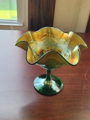 Very Pretty Green Fenton Carnival Glass Birds & Cherries Ruffled Compote