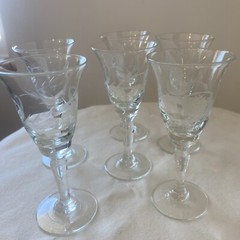 Vintage Crystal Floral Etched Cordial Sherry Glasses Liqueur Stemware, Set Of 6