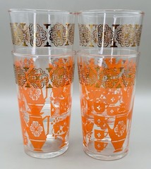 Federal Glass 5″ Tall-10 oz Tumblers Decorated W/Orange Teapots W/ Gold USA