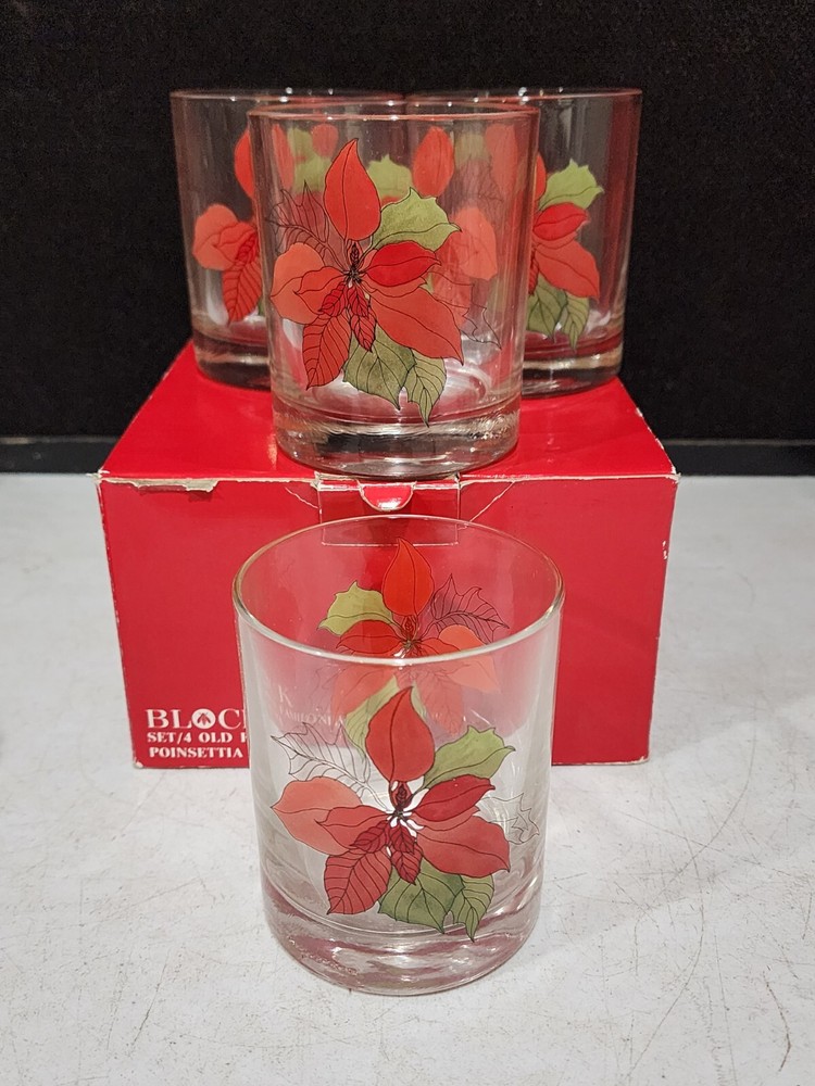 SET OF 4- Block Poinsettia Old Fashioned Glasses Tumblers Mary Lou Goertzen