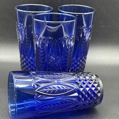 (4) Arcoroc Royal Sapphire Cobalt Blue Beverage Glasses Palm Leaf France 14oz