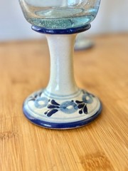 Vintage Early Century Hand Blown Glass Goblets With Talavera Pottery Hand Painte