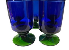 Cobalt Blue And Green Glasses Set Of 5 Barware Vintage MCM Appx 5.25” Vibrant