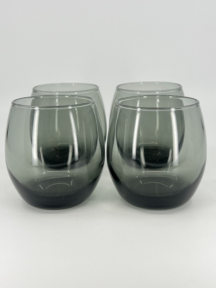 1960s set of 4 smoke gray lowball round tumblers rocks glasses barware RETRO