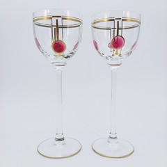 4 Theresienthal Wine Glasses Art Deco Applied Pink Circles Handpainted Gold Set