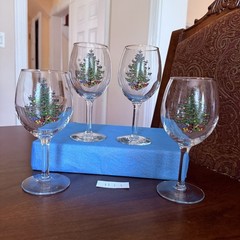 Set of 4 Cuthbertson Christmas Tree 10 Oz Glassware Wine Goblet Gold Rim #1