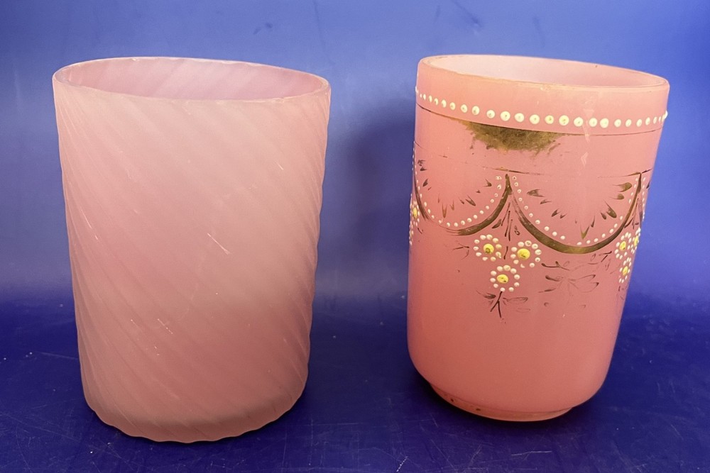 Two Antique Glass Tiumblers – Hand Painted Opaline and Satin Glass