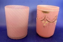 Two Antique Glass Tiumblers – Hand Painted Opaline and Satin Glass