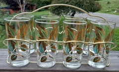 Eight Libbey American Elm Pattern 22k Gold Glasses in Carrier MCM