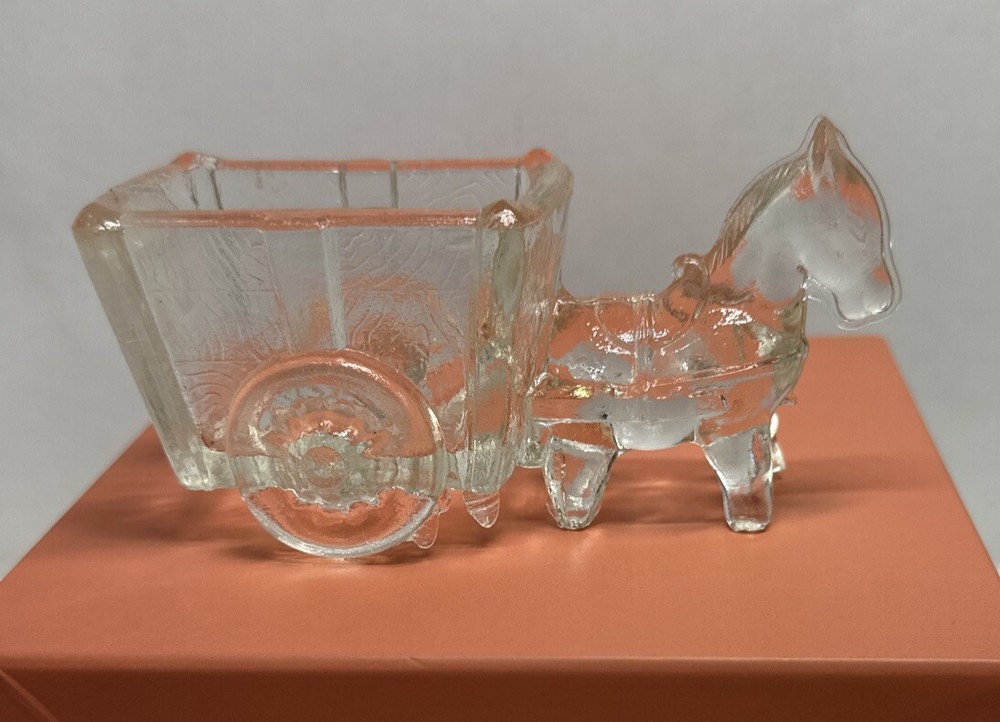 Vtg Donkey Horse and Cart Wagon Clear Glass Toothpick Holder Candy Nut Dish 50s