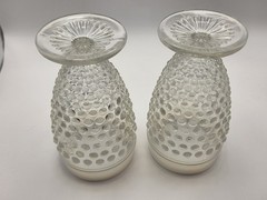2 Moonstone Opalescent Hobnail Glasses White Rim By Anchor Hocking Vtg
