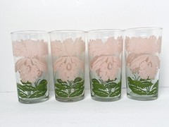Vintage Swanky Swig Glass Tumbler Pink Green Iris Flower MCM 16oz Glasses Set 4