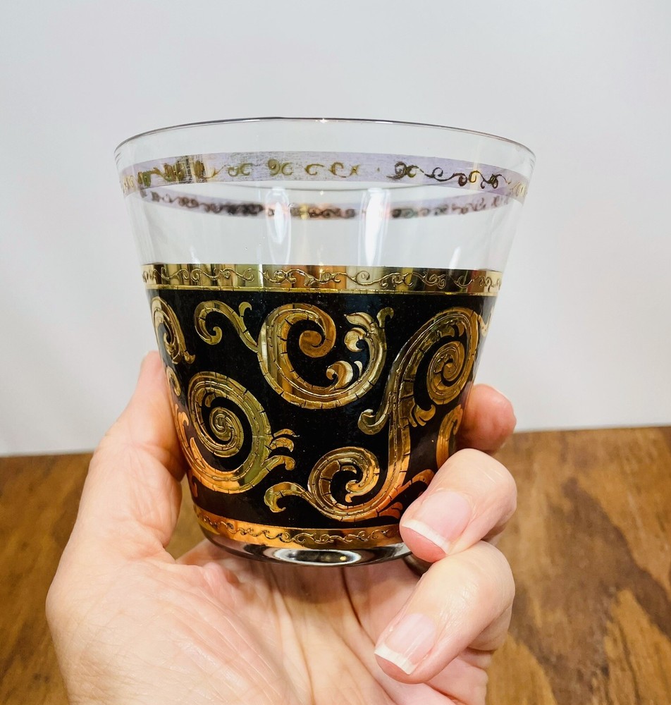 Culver Ebony Baroque Old Fashioned Glass 22K Gold and Black Design Vintage 1960s