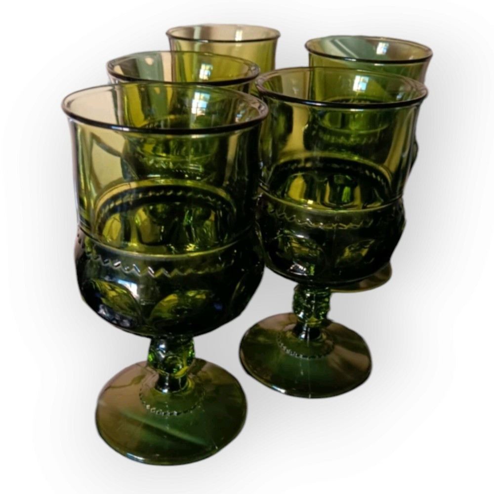 Indiana Glass Kings Crown Thumbprint Avocado Green 6 oz Stemmed Goblet Vintage