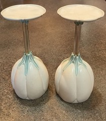 2 Newman Ceramic Works Tulip Wine Goblets Unused Lovely Cream and Green Signed