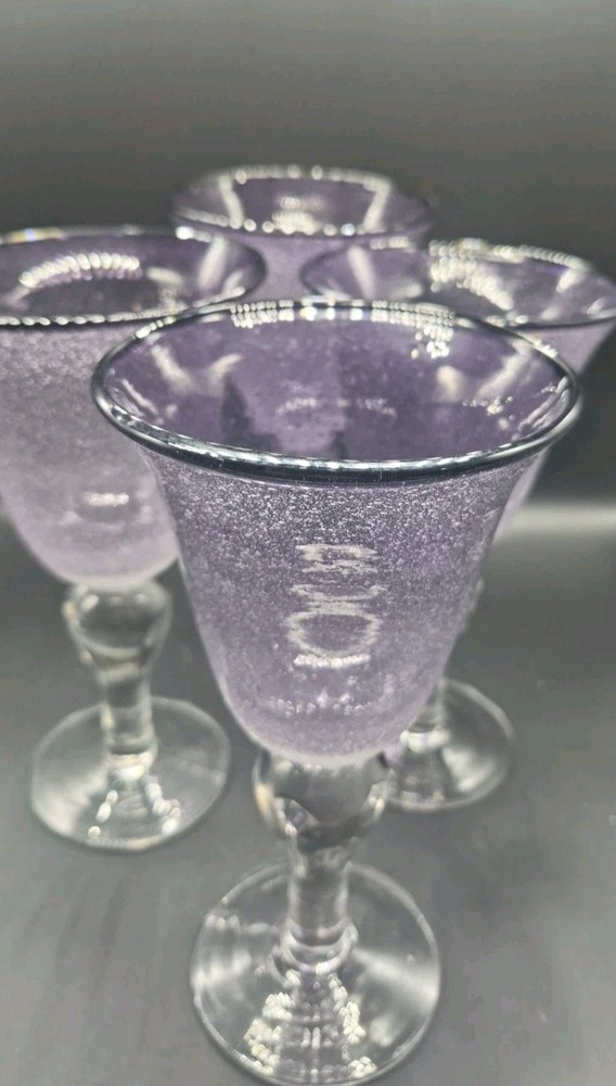 Vintage Artland Iris Amethyst Blown Glass Water Wine Goblets (4) Seeded Bubble