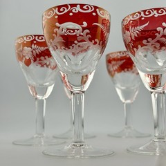 Bohemian Ruby-Flashed Etched Floral Cordial Glasses Set/6 4⅛″ 1900s–20s Antique