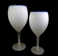 Scandinavian Satin Frosted Glass Blue Trim 16 Ounce 2 Pc 8 1/2″ Water Goblets