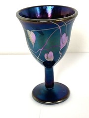 Goblet ART GLASS Don Richardson California. Blue Iridescent Heart Shapes 1983