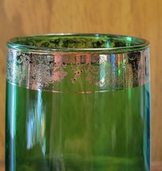 5 VTG Anchor Hocking Forest Green Glass tumbler Gold Filigree Rim Highball 10 oz