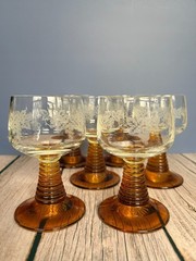 Amber Stem Cordial Wine Glasses Set of 6 Etched Grape Vine Vintage Barware