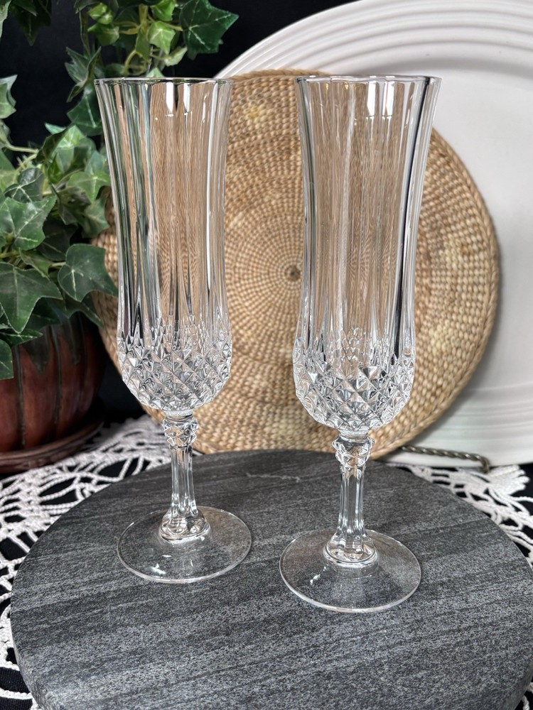 Cristal d’Arques Longchamp Champagne Flute Set 2 French Crystal Glasses 8″