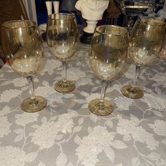Marigold Amber Clear Stem Glass Set of 4 Wine Crystal Goblets 9-1/2” Tall
