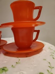 SALE! WAS 50 VTG MCM HAZEL ATLAS 9PC ORANGE OVIDE PLATONITE LITTLE HOSTESS 1950S