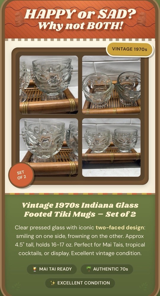 Vintage 1970s Indiana Glass Happy/Sad Tiki Cocktail Glasses – Set of 2