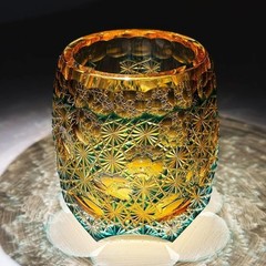 Whisky Glass Tumbler Japanese Style Edo Kiriko Glass Hand Cut To Clear Green 9oz