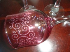 CRISTALLERIA FRATELLI FUMO SET / 3 ETCHED AMBER BLUE & PURPLE WINE GLASSES ITALY