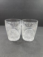 2 Saks Fifth Avenue Etched Cut Double Old Fashion Whiskey Tumblers Palm Trees