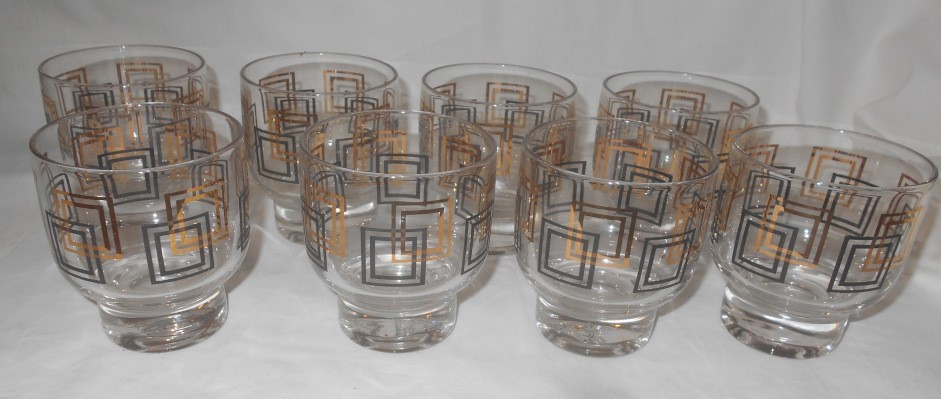 8 Vintage MCM Stackable Footed Low Ball Barware Glasses Geometric Design- 3 3/8″