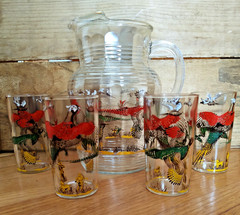 Vintage Hazel Atlas 1950’s Pheasant Hunting Scene Beverage Pitcher & 4 Glasses