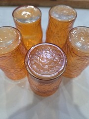 Set of 5 Vintage MCM Amber Crackle Glass Tumblers Marigold Iridescent Finish