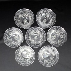 7 FOSTORIA SILVER FLUTES 5OZ STEM 6037 CHAMPAGNE WITH CUT FLOWER AND LAURELS 6″