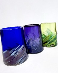 Glass Eye Hand Blown Art Glass Tumblers Set of 3 Blue Green Purple Made USA