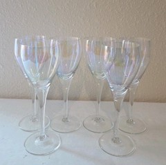 Vtg Set of 6 Iridescent Glasses Wine 7″ Hand Blown Rainbow Iris Lustre…