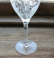 Vintage Rose Etched Crystal Wine Stem Vertical Optic Bowl Oval Cuts on Stem SO5