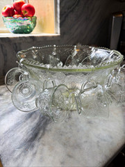 Rare Indiana Opal Glass Grapevine Pressed Glass Punch Bowl Set 11 cups & hooks